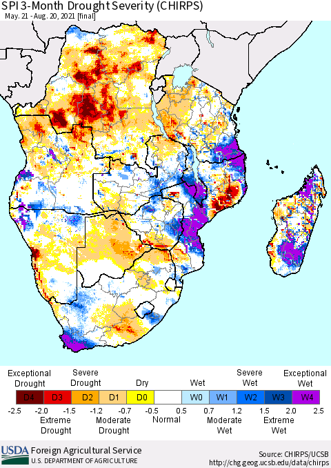 Southern Africa SPI 3-Month Drought Severity (CHIRPS) Thematic Map For 5/21/2021 - 8/20/2021