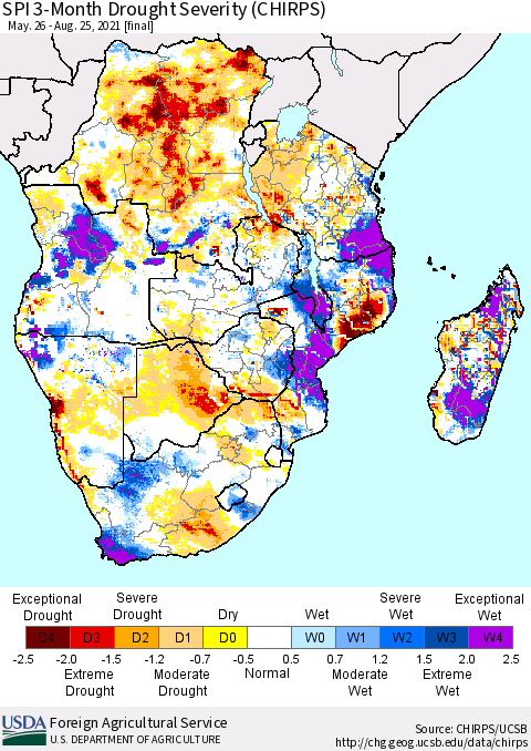 Southern Africa SPI 3-Month Drought Severity (CHIRPS) Thematic Map For 5/26/2021 - 8/25/2021
