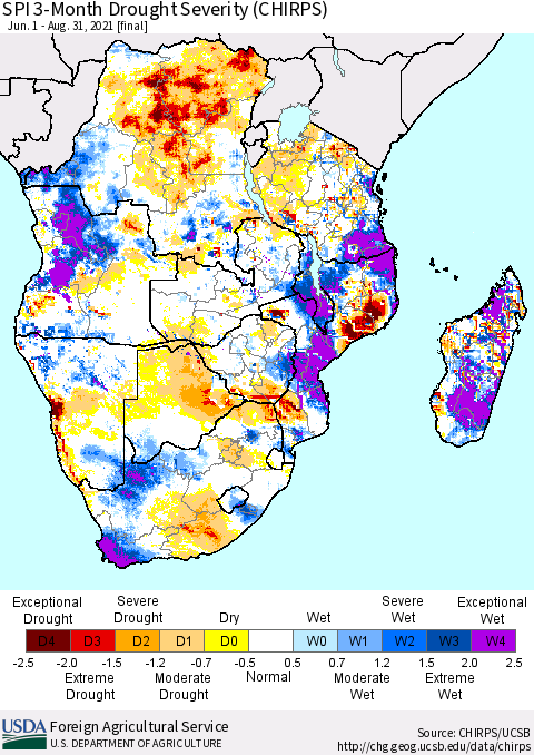 Southern Africa SPI 3-Month Drought Severity (CHIRPS) Thematic Map For 6/1/2021 - 8/31/2021