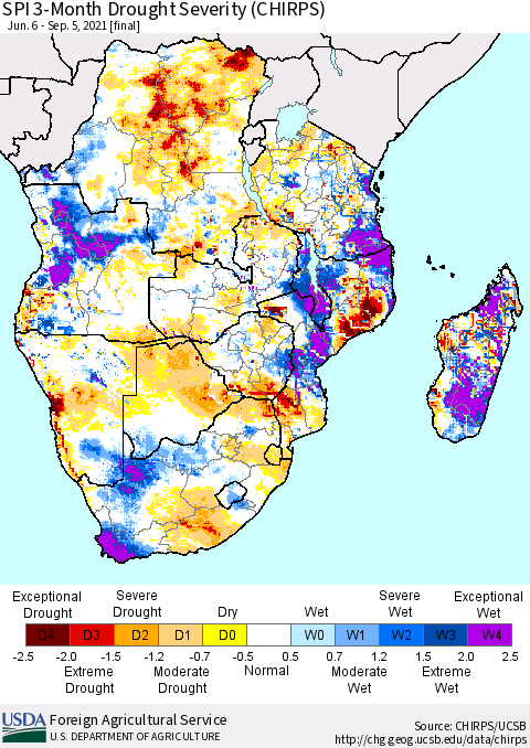 Southern Africa SPI 3-Month Drought Severity (CHIRPS) Thematic Map For 6/6/2021 - 9/5/2021