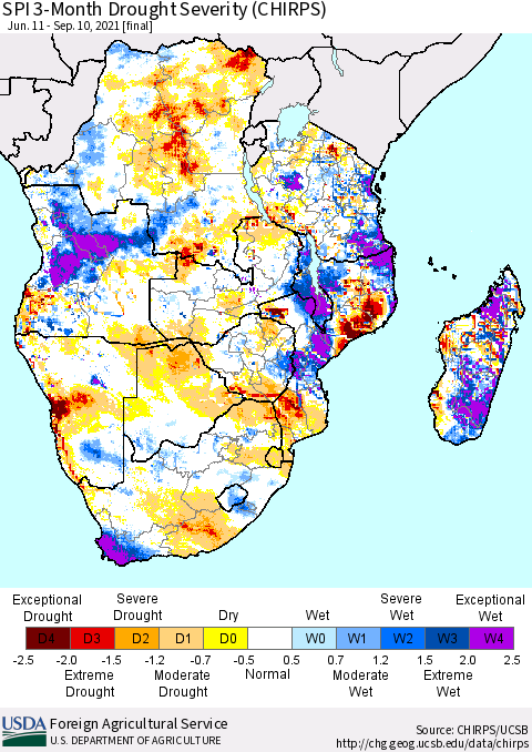 Southern Africa SPI 3-Month Drought Severity (CHIRPS) Thematic Map For 6/11/2021 - 9/10/2021
