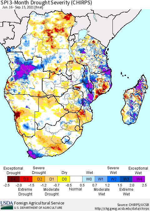 Southern Africa SPI 3-Month Drought Severity (CHIRPS) Thematic Map For 6/16/2021 - 9/15/2021