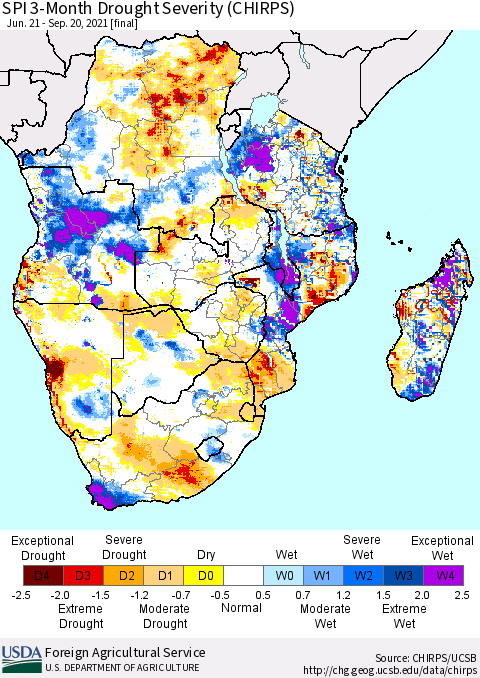 Southern Africa SPI 3-Month Drought Severity (CHIRPS) Thematic Map For 6/21/2021 - 9/20/2021