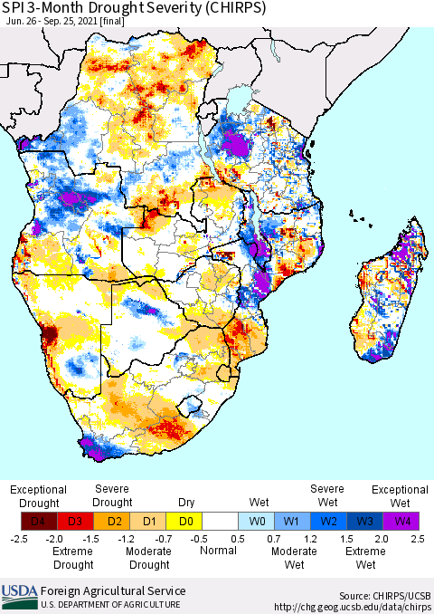 Southern Africa SPI 3-Month Drought Severity (CHIRPS) Thematic Map For 6/26/2021 - 9/25/2021