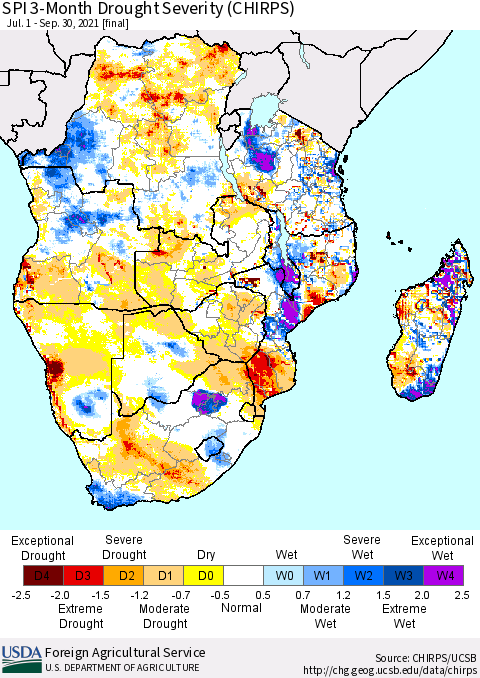 Southern Africa SPI 3-Month Drought Severity (CHIRPS) Thematic Map For 7/1/2021 - 9/30/2021