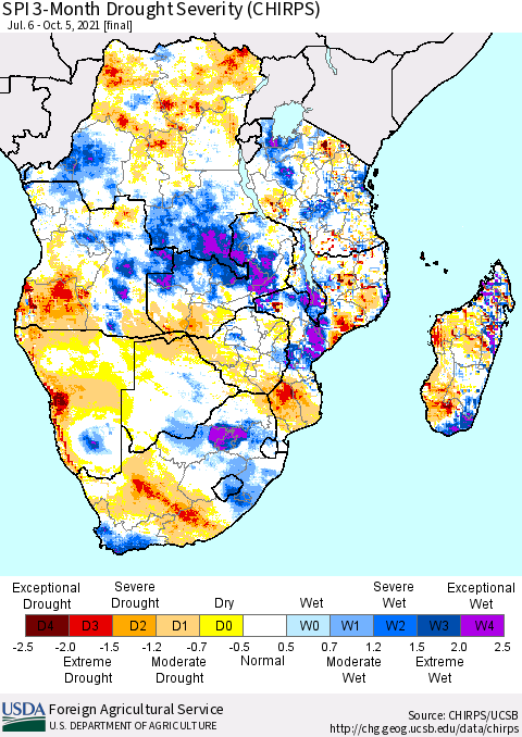 Southern Africa SPI 3-Month Drought Severity (CHIRPS) Thematic Map For 7/6/2021 - 10/5/2021