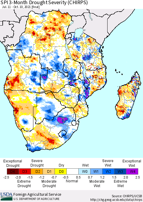 Southern Africa SPI 3-Month Drought Severity (CHIRPS) Thematic Map For 7/11/2021 - 10/10/2021