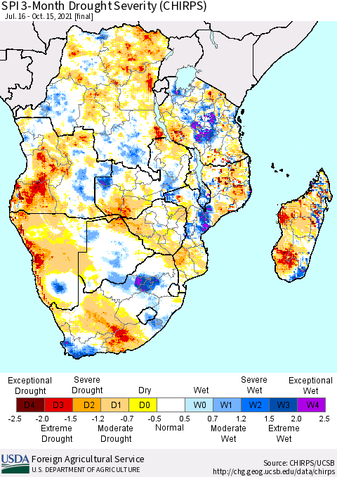 Southern Africa SPI 3-Month Drought Severity (CHIRPS) Thematic Map For 7/16/2021 - 10/15/2021