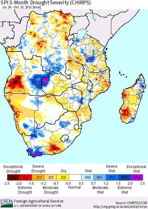 Southern Africa SPI 3-Month Drought Severity (CHIRPS) Thematic Map For 7/26/2021 - 10/25/2021