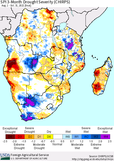 Southern Africa SPI 3-Month Drought Severity (CHIRPS) Thematic Map For 8/1/2021 - 10/31/2021
