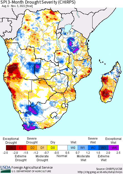 Southern Africa SPI 3-Month Drought Severity (CHIRPS) Thematic Map For 8/6/2021 - 11/5/2021