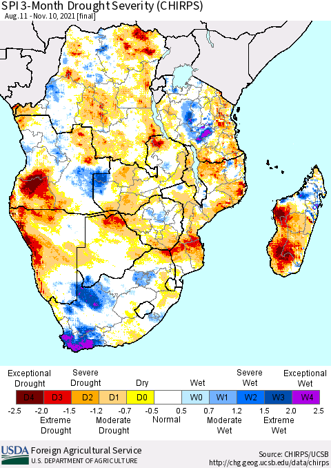 Southern Africa SPI 3-Month Drought Severity (CHIRPS) Thematic Map For 8/11/2021 - 11/10/2021