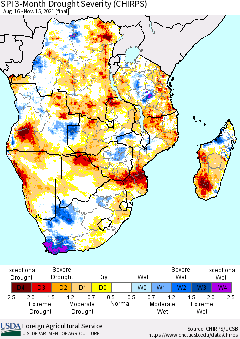 Southern Africa SPI 3-Month Drought Severity (CHIRPS) Thematic Map For 8/16/2021 - 11/15/2021