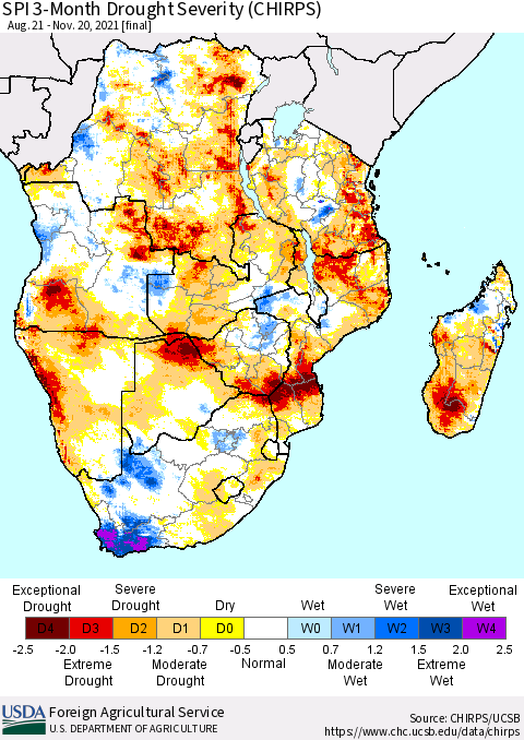 Southern Africa SPI 3-Month Drought Severity (CHIRPS) Thematic Map For 8/21/2021 - 11/20/2021