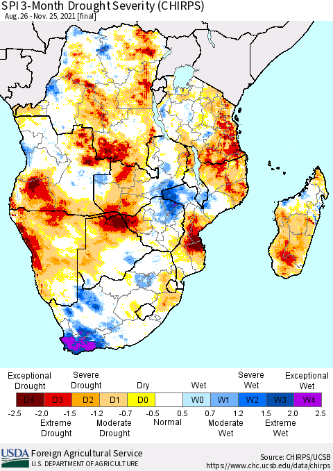 Southern Africa SPI 3-Month Drought Severity (CHIRPS) Thematic Map For 8/26/2021 - 11/25/2021