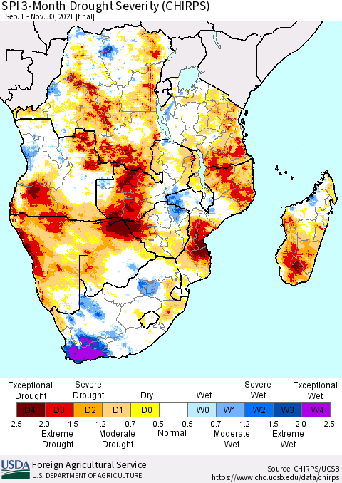 Southern Africa SPI 3-Month Drought Severity (CHIRPS) Thematic Map For 9/1/2021 - 11/30/2021