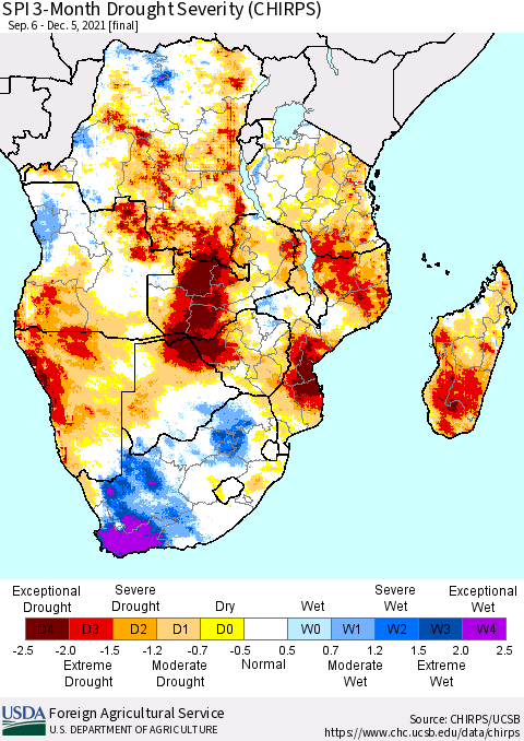 Southern Africa SPI 3-Month Drought Severity (CHIRPS) Thematic Map For 9/6/2021 - 12/5/2021