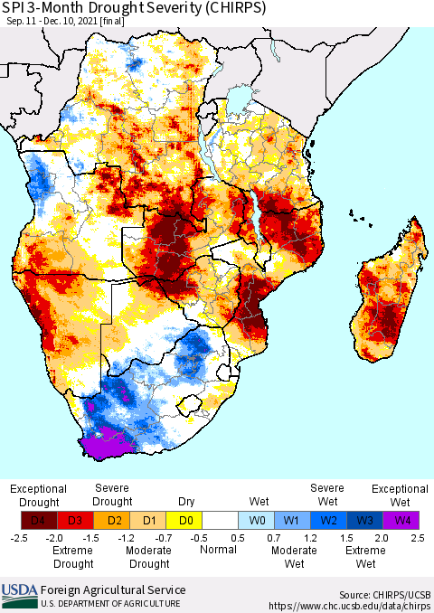 Southern Africa SPI 3-Month Drought Severity (CHIRPS) Thematic Map For 9/11/2021 - 12/10/2021