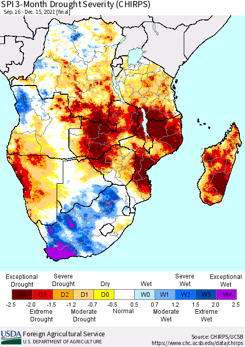 Southern Africa SPI 3-Month Drought Severity (CHIRPS) Thematic Map For 9/16/2021 - 12/15/2021