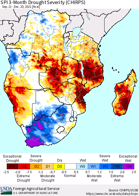 Southern Africa SPI 3-Month Drought Severity (CHIRPS) Thematic Map For 9/21/2021 - 12/20/2021