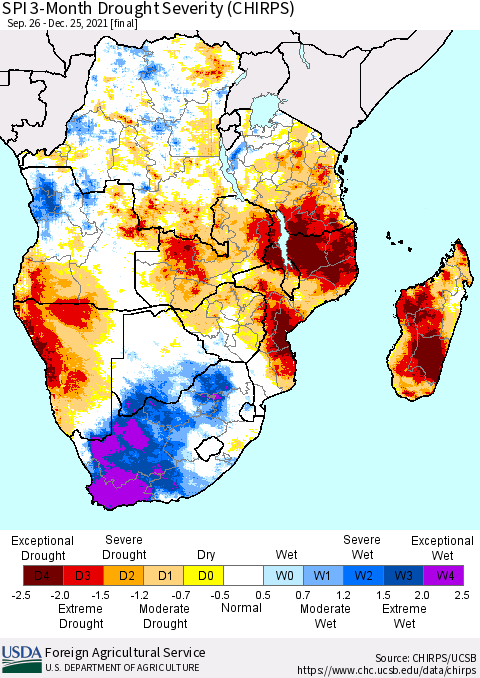 Southern Africa SPI 3-Month Drought Severity (CHIRPS) Thematic Map For 9/26/2021 - 12/25/2021