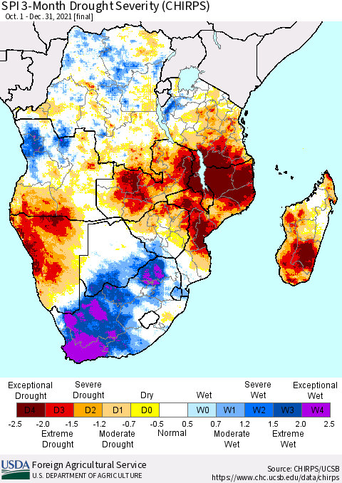 Southern Africa SPI 3-Month Drought Severity (CHIRPS) Thematic Map For 10/1/2021 - 12/31/2021