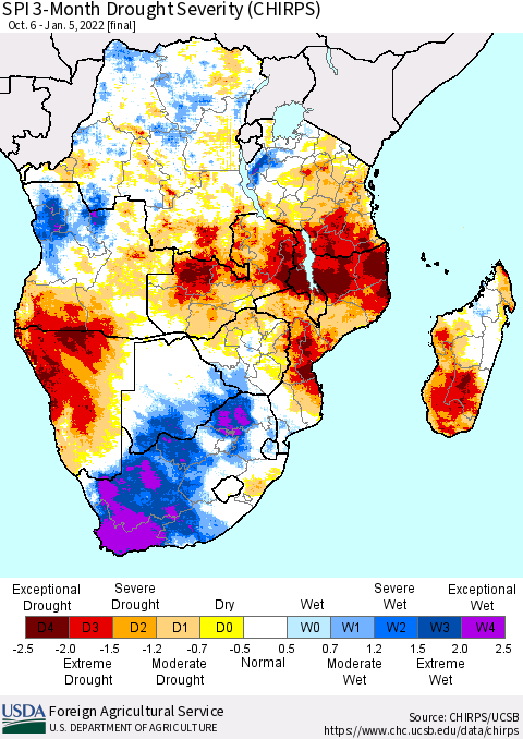 Southern Africa SPI 3-Month Drought Severity (CHIRPS) Thematic Map For 10/6/2021 - 1/5/2022