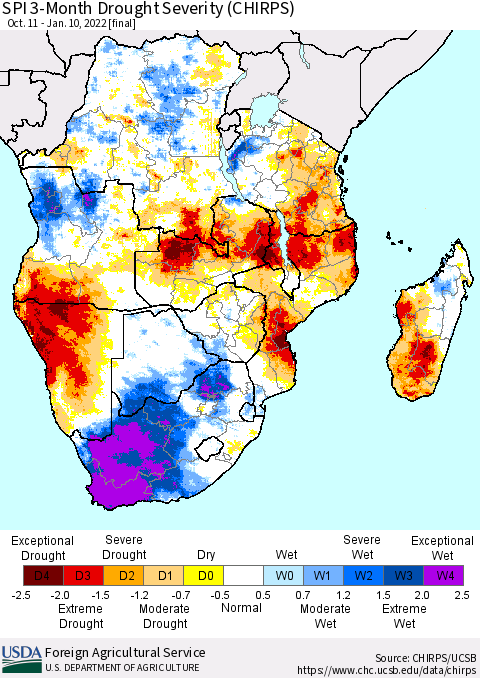 Southern Africa SPI 3-Month Drought Severity (CHIRPS) Thematic Map For 10/11/2021 - 1/10/2022