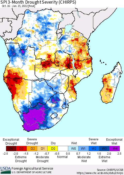 Southern Africa SPI 3-Month Drought Severity (CHIRPS) Thematic Map For 10/16/2021 - 1/15/2022