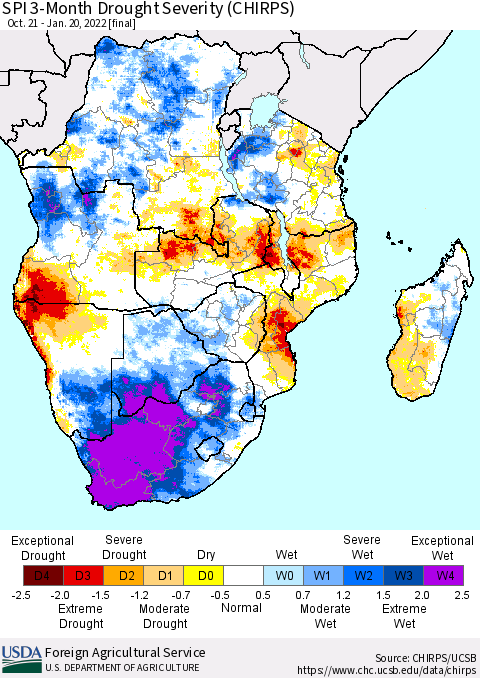 Southern Africa SPI 3-Month Drought Severity (CHIRPS) Thematic Map For 10/21/2021 - 1/20/2022