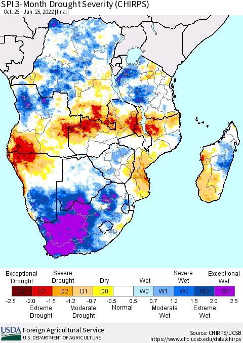 Southern Africa SPI 3-Month Drought Severity (CHIRPS) Thematic Map For 10/26/2021 - 1/25/2022