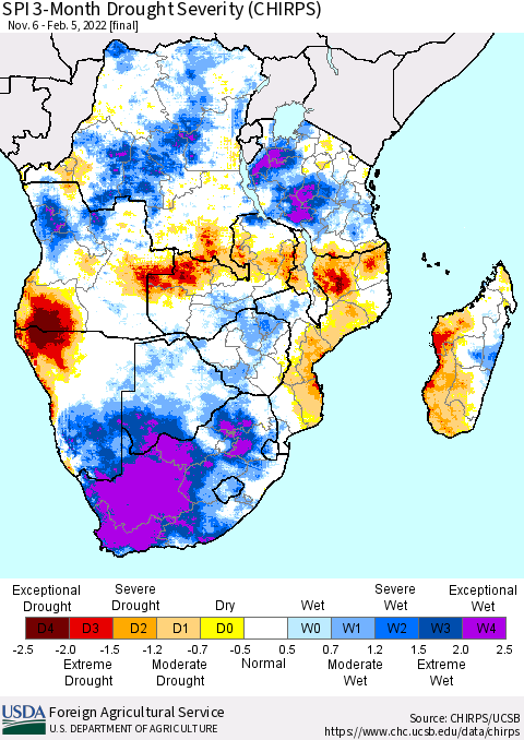 Southern Africa SPI 3-Month Drought Severity (CHIRPS) Thematic Map For 11/6/2021 - 2/5/2022