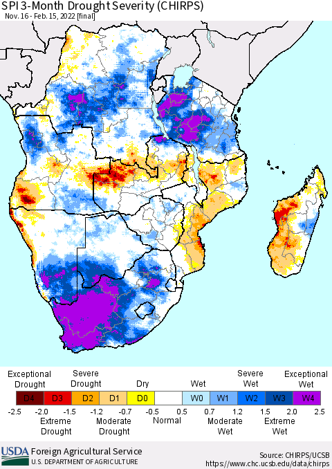 Southern Africa SPI 3-Month Drought Severity (CHIRPS) Thematic Map For 11/16/2021 - 2/15/2022