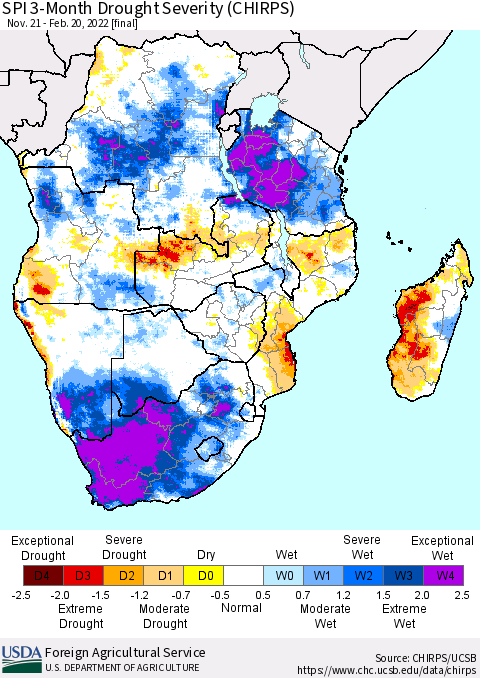 Southern Africa SPI 3-Month Drought Severity (CHIRPS) Thematic Map For 11/21/2021 - 2/20/2022