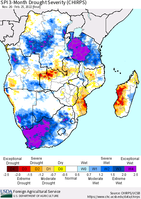 Southern Africa SPI 3-Month Drought Severity (CHIRPS) Thematic Map For 11/26/2021 - 2/25/2022