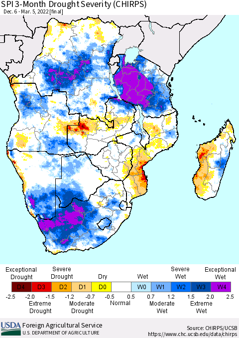 Southern Africa SPI 3-Month Drought Severity (CHIRPS) Thematic Map For 12/6/2021 - 3/5/2022