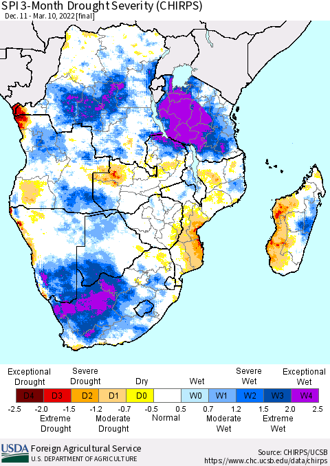 Southern Africa SPI 3-Month Drought Severity (CHIRPS) Thematic Map For 12/11/2021 - 3/10/2022