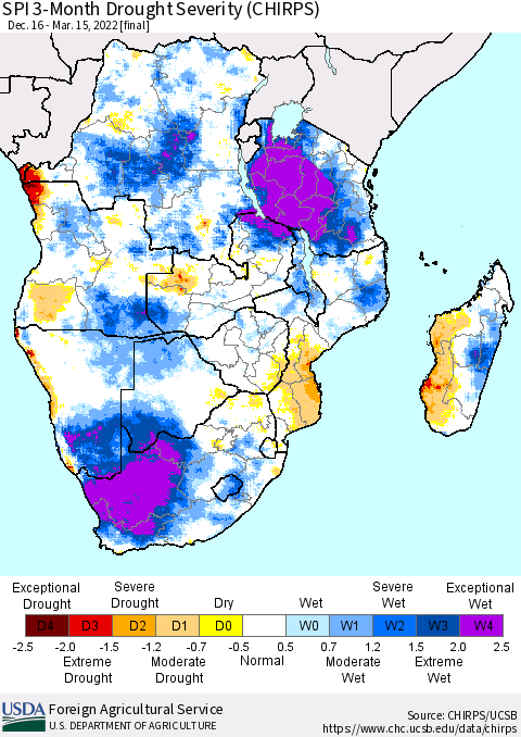 Southern Africa SPI 3-Month Drought Severity (CHIRPS) Thematic Map For 12/16/2021 - 3/15/2022