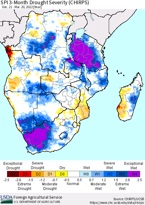 Southern Africa SPI 3-Month Drought Severity (CHIRPS) Thematic Map For 12/21/2021 - 3/20/2022