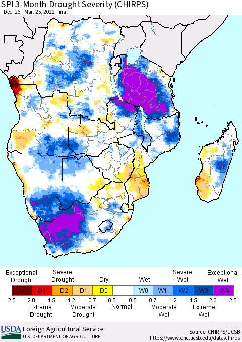 Southern Africa SPI 3-Month Drought Severity (CHIRPS) Thematic Map For 12/26/2021 - 3/25/2022