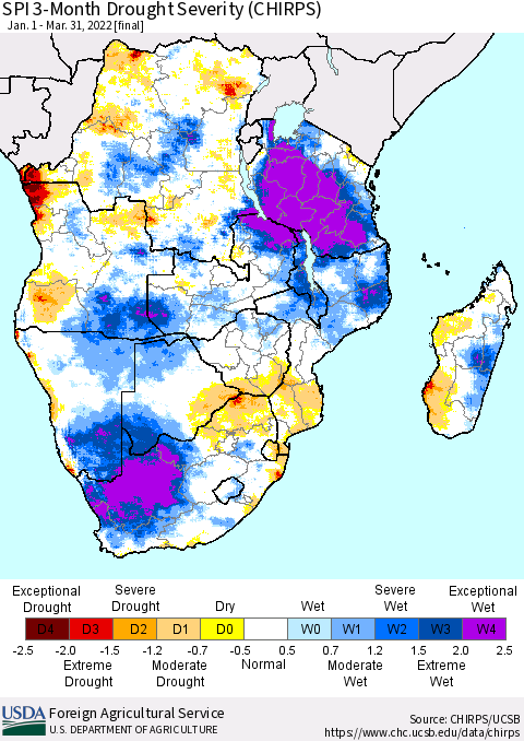 Southern Africa SPI 3-Month Drought Severity (CHIRPS) Thematic Map For 1/1/2022 - 3/31/2022