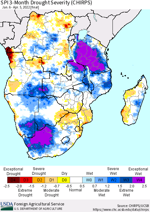Southern Africa SPI 3-Month Drought Severity (CHIRPS) Thematic Map For 1/6/2022 - 4/5/2022