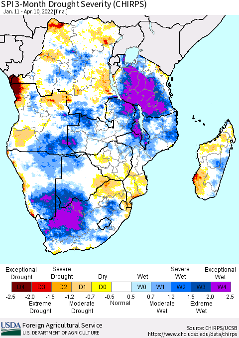 Southern Africa SPI 3-Month Drought Severity (CHIRPS) Thematic Map For 1/11/2022 - 4/10/2022