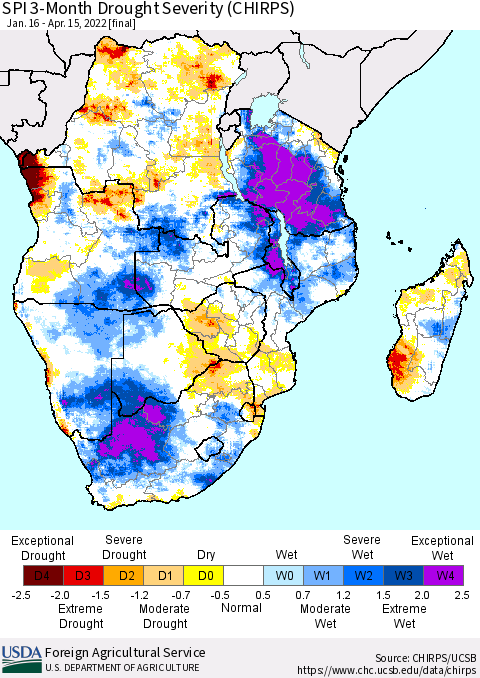 Southern Africa SPI 3-Month Drought Severity (CHIRPS) Thematic Map For 1/16/2022 - 4/15/2022