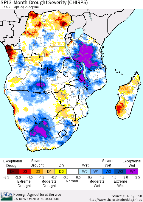Southern Africa SPI 3-Month Drought Severity (CHIRPS) Thematic Map For 1/21/2022 - 4/20/2022