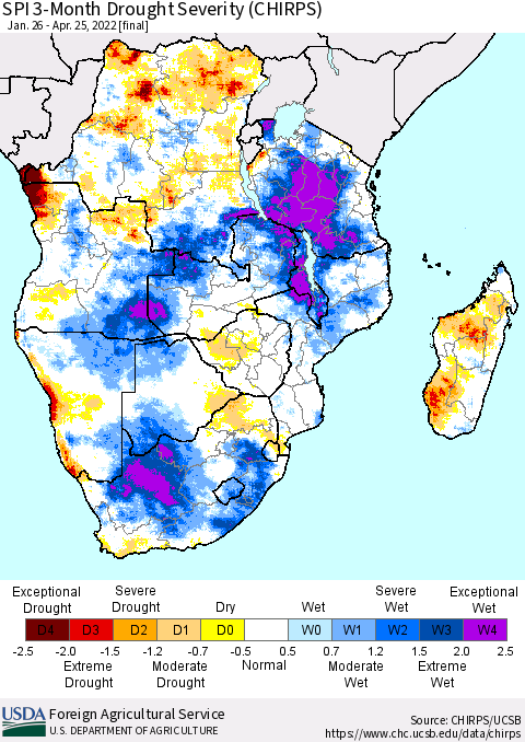 Southern Africa SPI 3-Month Drought Severity (CHIRPS) Thematic Map For 1/26/2022 - 4/25/2022