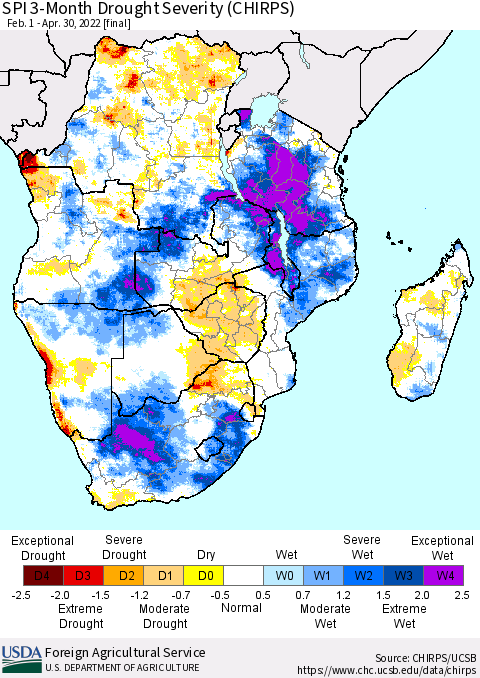Southern Africa SPI 3-Month Drought Severity (CHIRPS) Thematic Map For 2/1/2022 - 4/30/2022