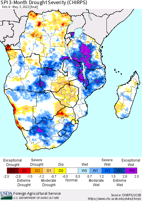 Southern Africa SPI 3-Month Drought Severity (CHIRPS) Thematic Map For 2/6/2022 - 5/5/2022