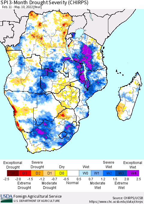 Southern Africa SPI 3-Month Drought Severity (CHIRPS) Thematic Map For 2/11/2022 - 5/10/2022