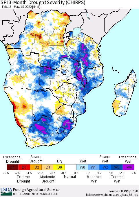 Southern Africa SPI 3-Month Drought Severity (CHIRPS) Thematic Map For 2/16/2022 - 5/15/2022